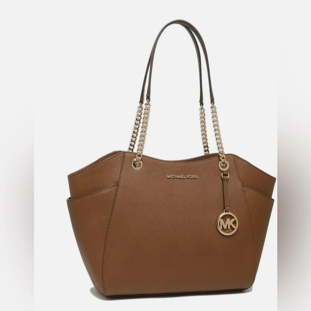 Michael Kors Brown Jet Set Travel Shoulder Gold Chain Leather Tote Bag